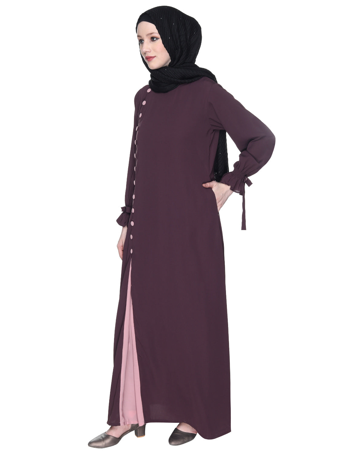 Sleek Looking Slit Style Abaya Purple Light Pink