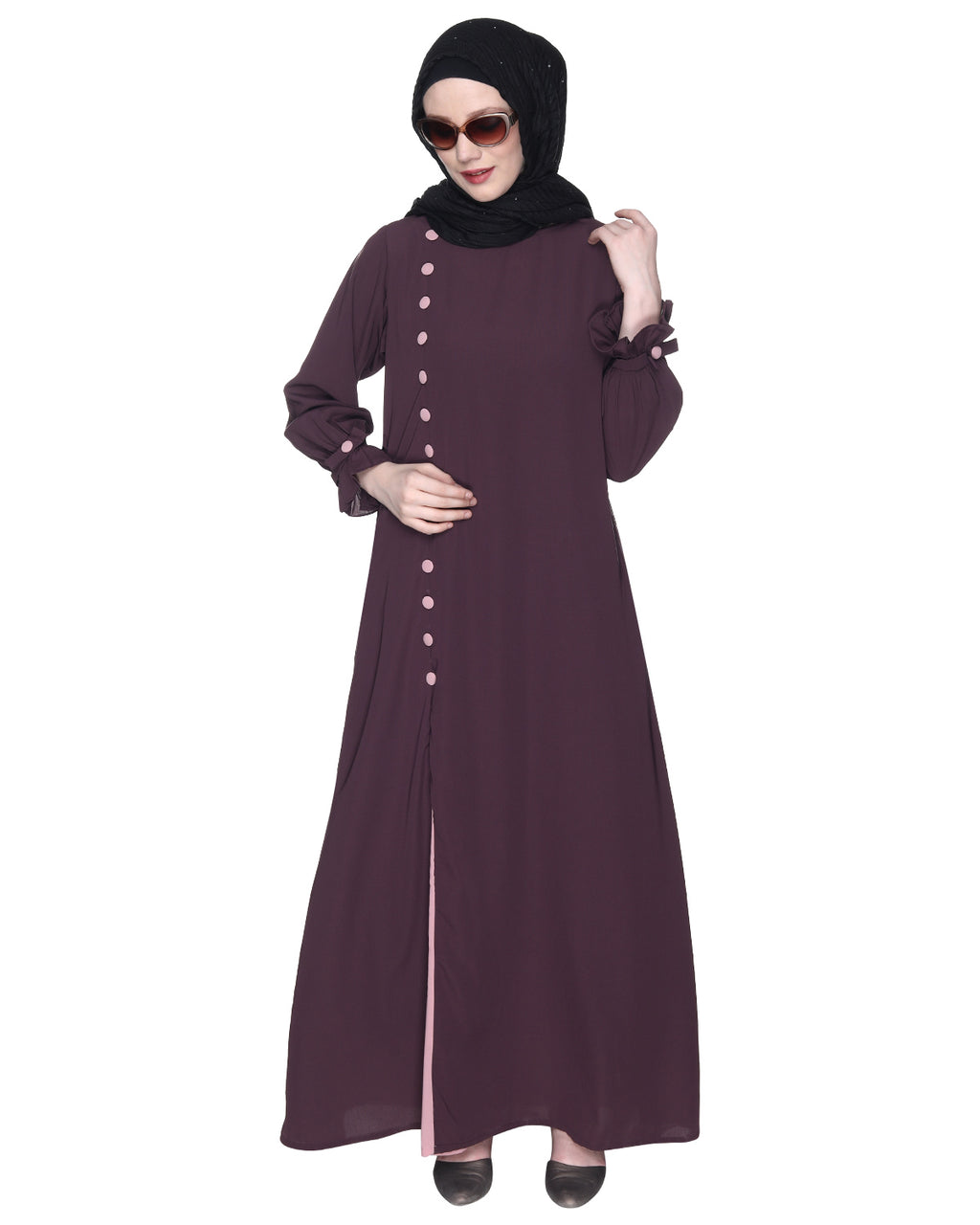 Sleek Looking Slit Style Abaya Purple Light Pink