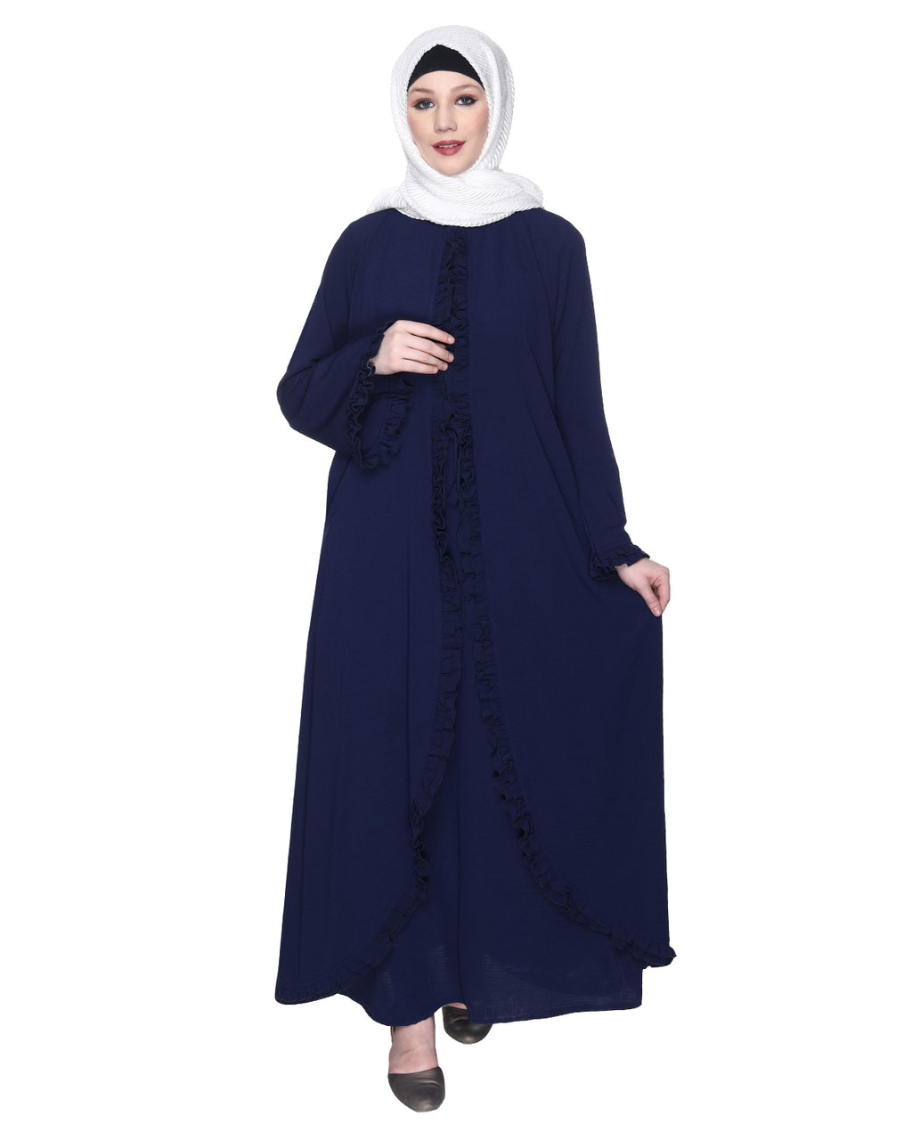Dapper Deep Jacket Syle Frill Abaya Blue