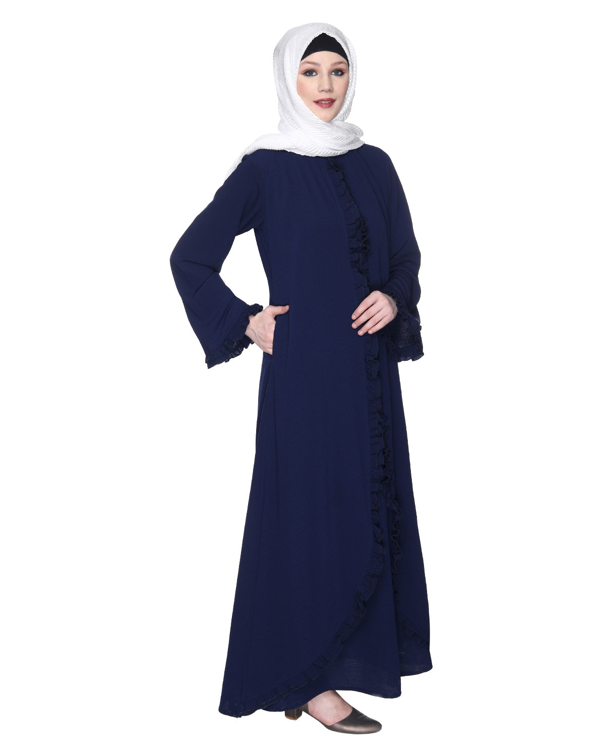 Dapper Deep Jacket Syle Frill Abaya Blue