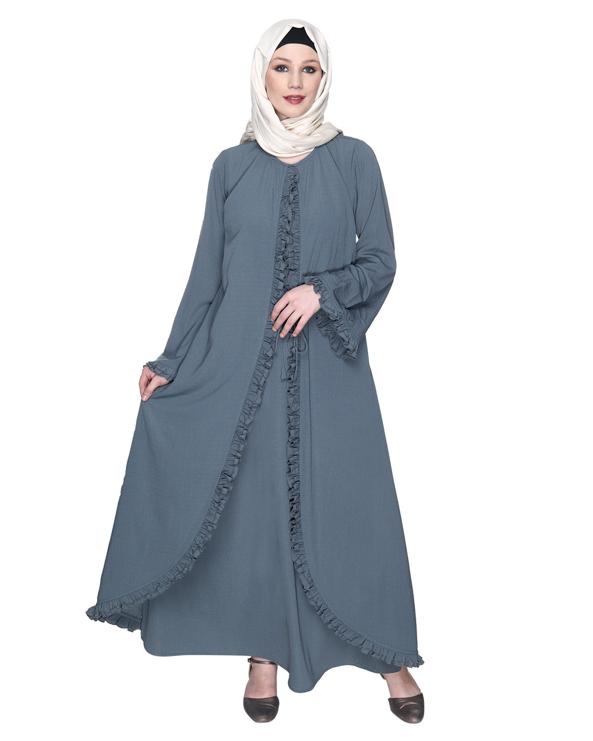 Dapper Deep Jacket Syle Frill Abaya Grey