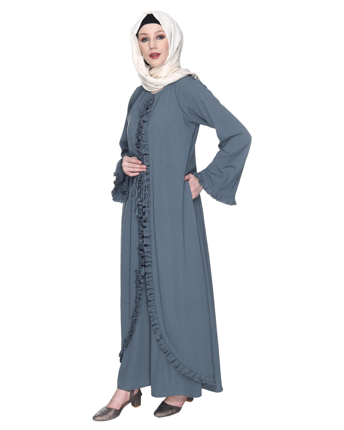 Dapper Deep Jacket Syle Frill Abaya Grey