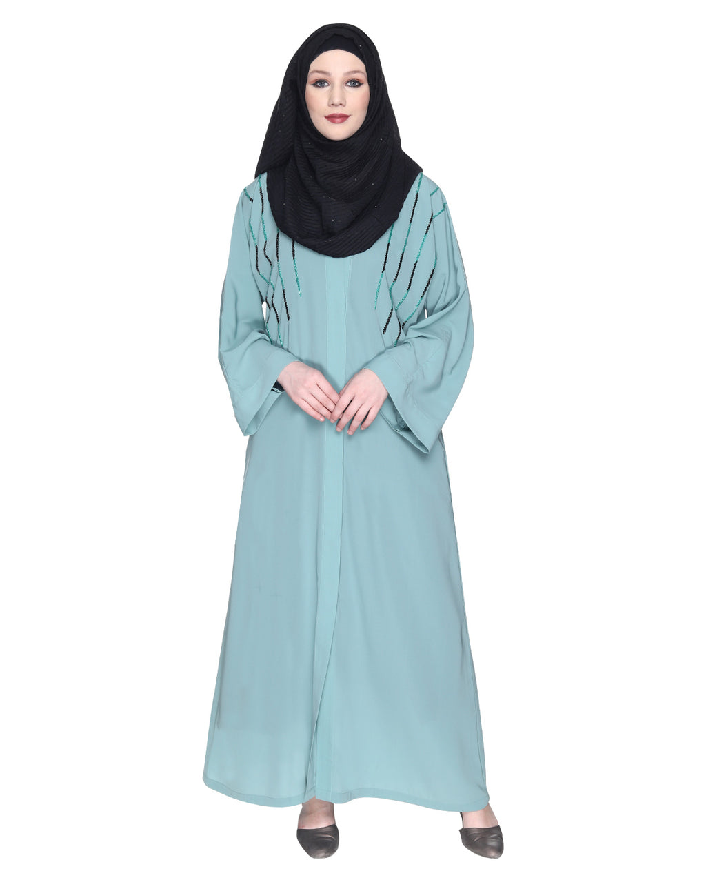 Spell-Binding Four Line Hand Embroidered Abaya Sage Green XS