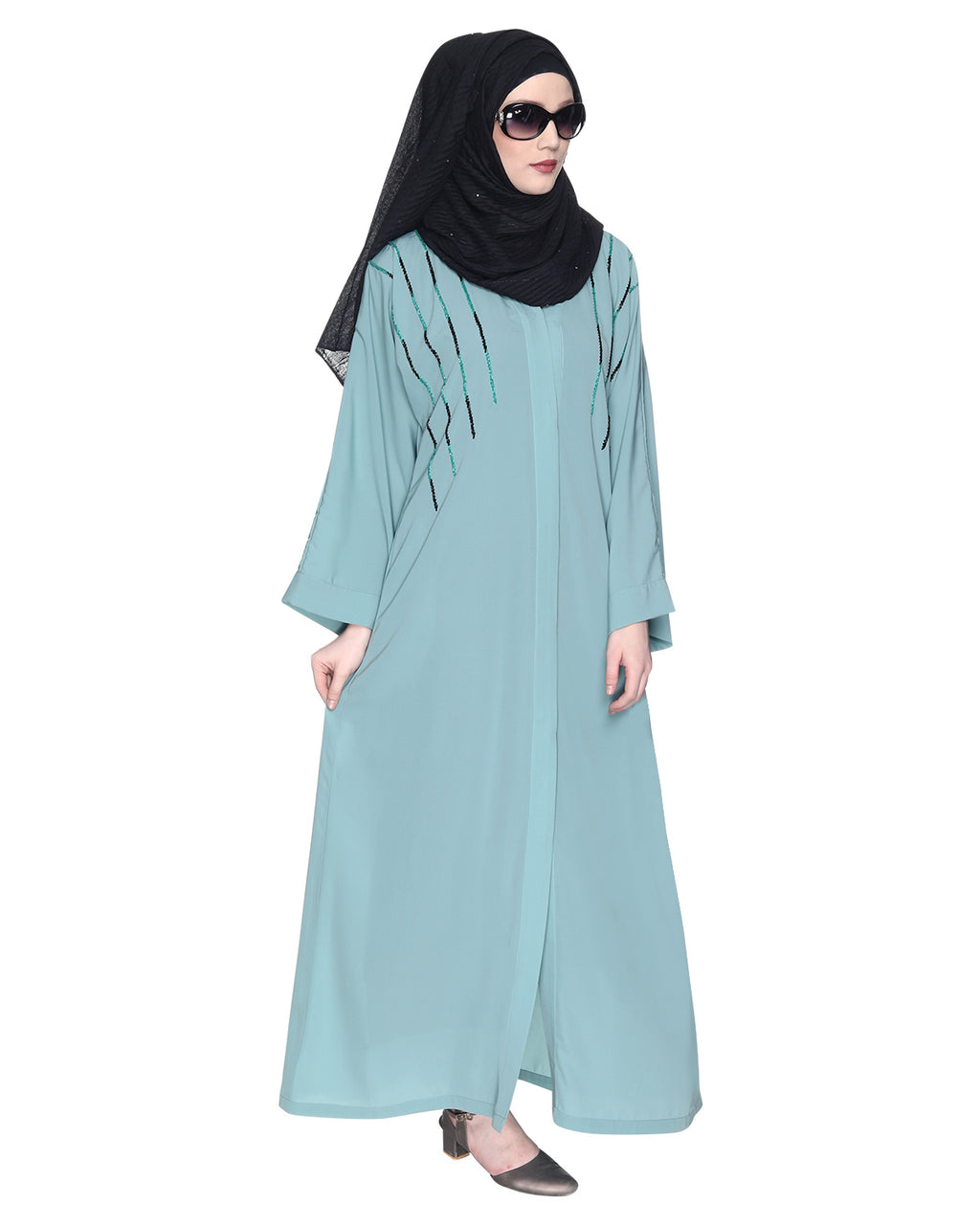 Spell-Binding Four Line Hand Embroidered Abaya Sage Green