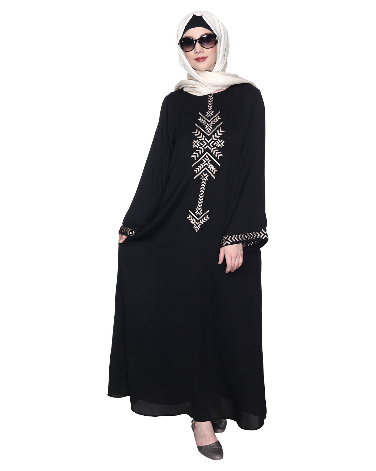 Front Closed Abaya With Angular Embroidery Design Black