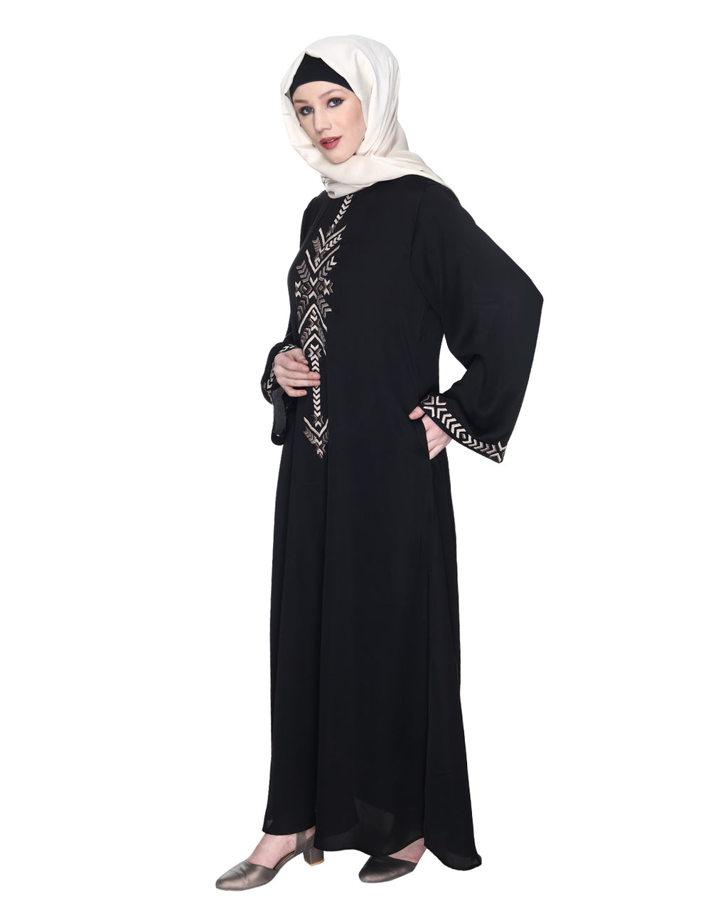 Front Closed Abaya With Angular Embroidery Design Black