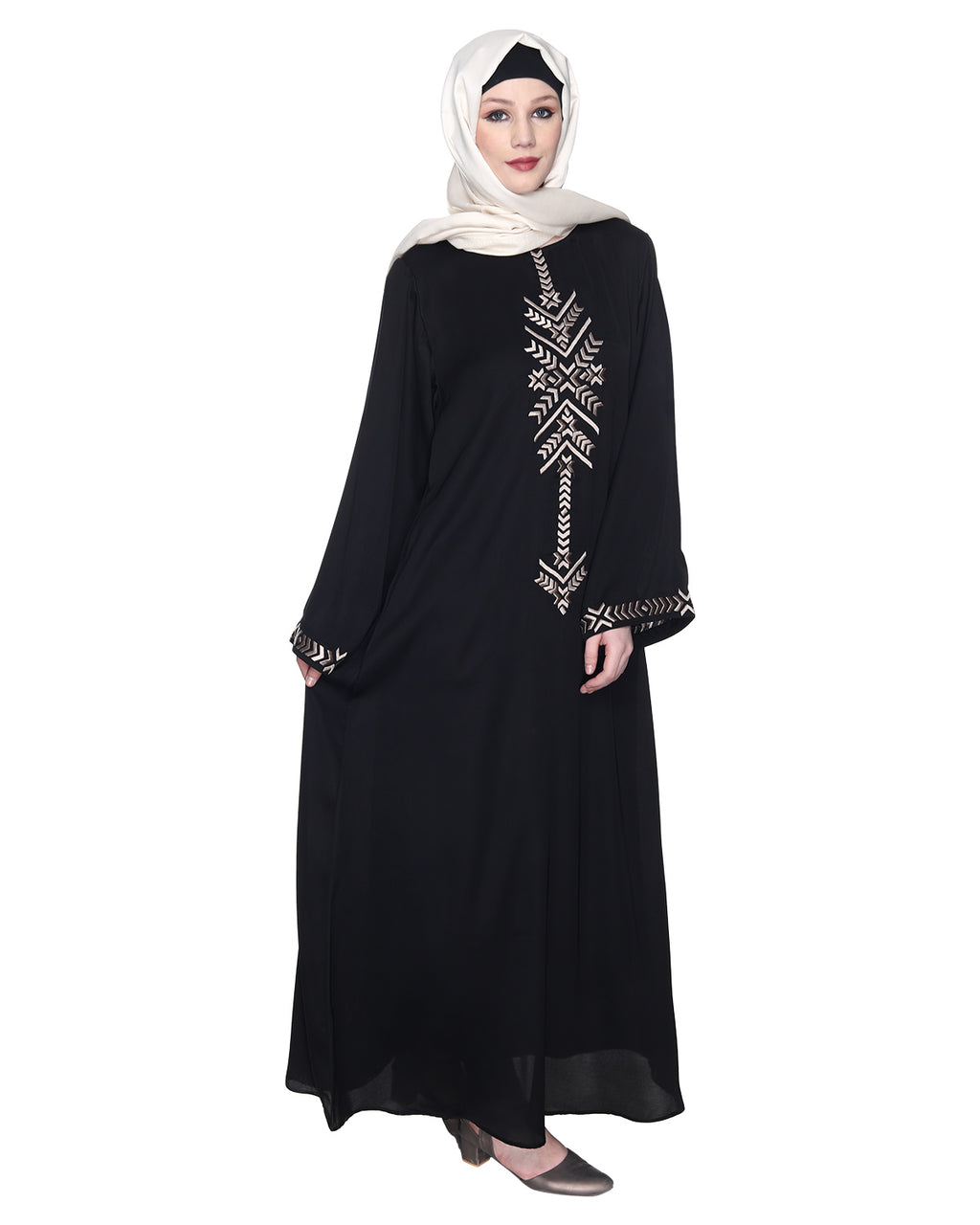 Front Closed Abaya With Angular Embroidery Design Black