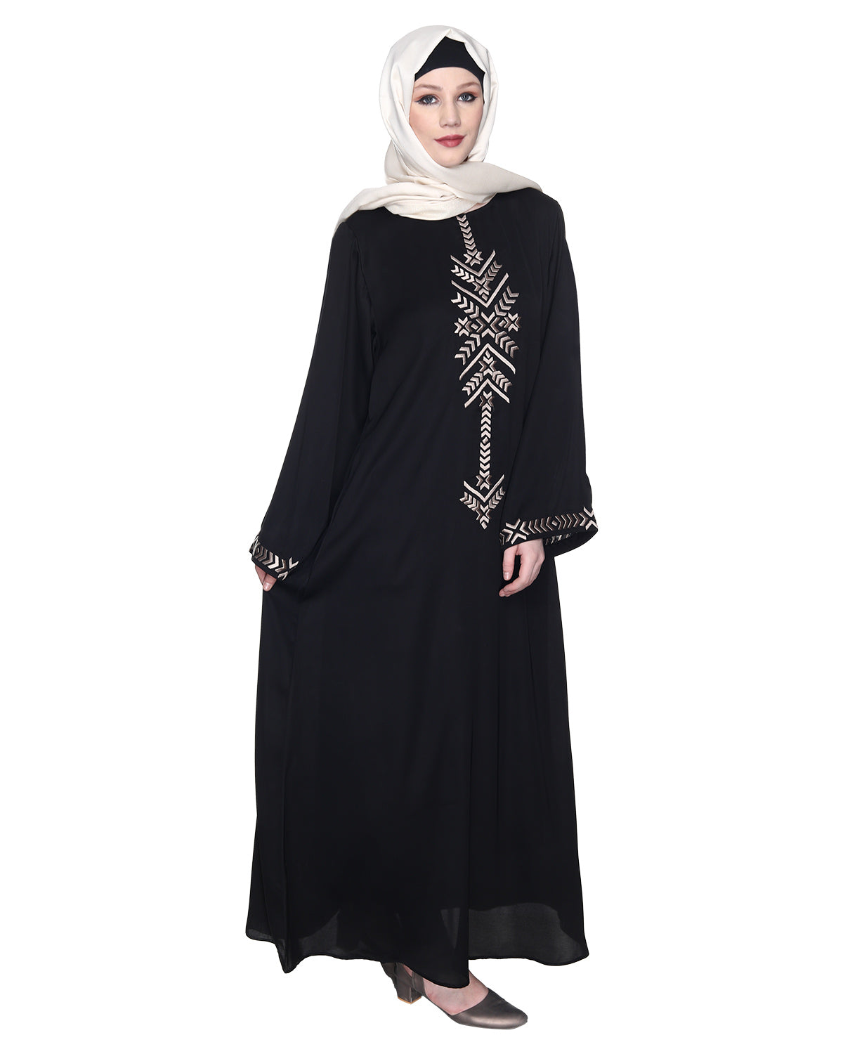 Front Closed Abaya With Angular Embroidery Design Black