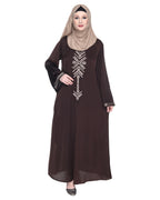 Front Closed Abaya With Angular Embroidery Design Dark Brown