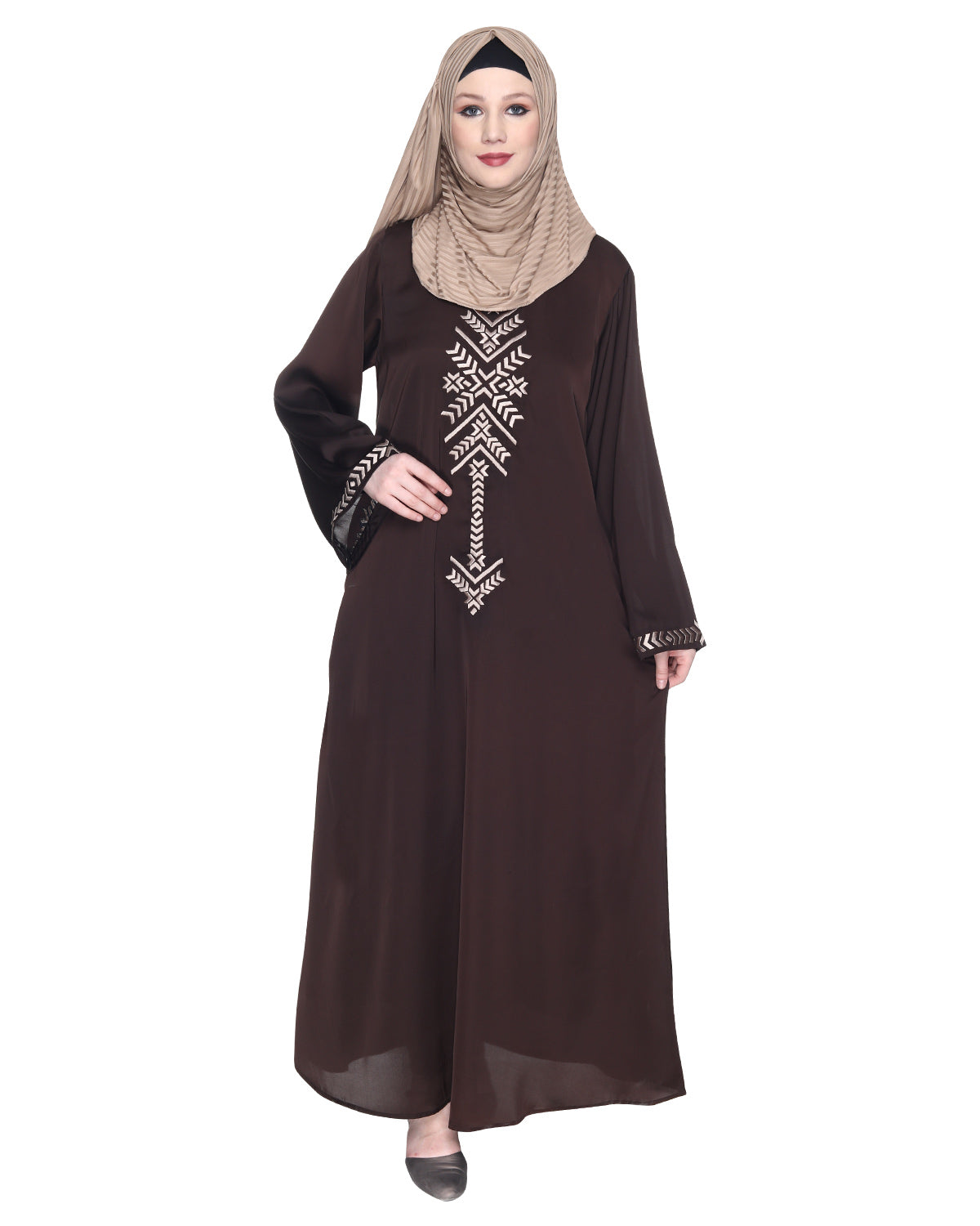 Front Closed Abaya With Angular Embroidery Design Dark Brown