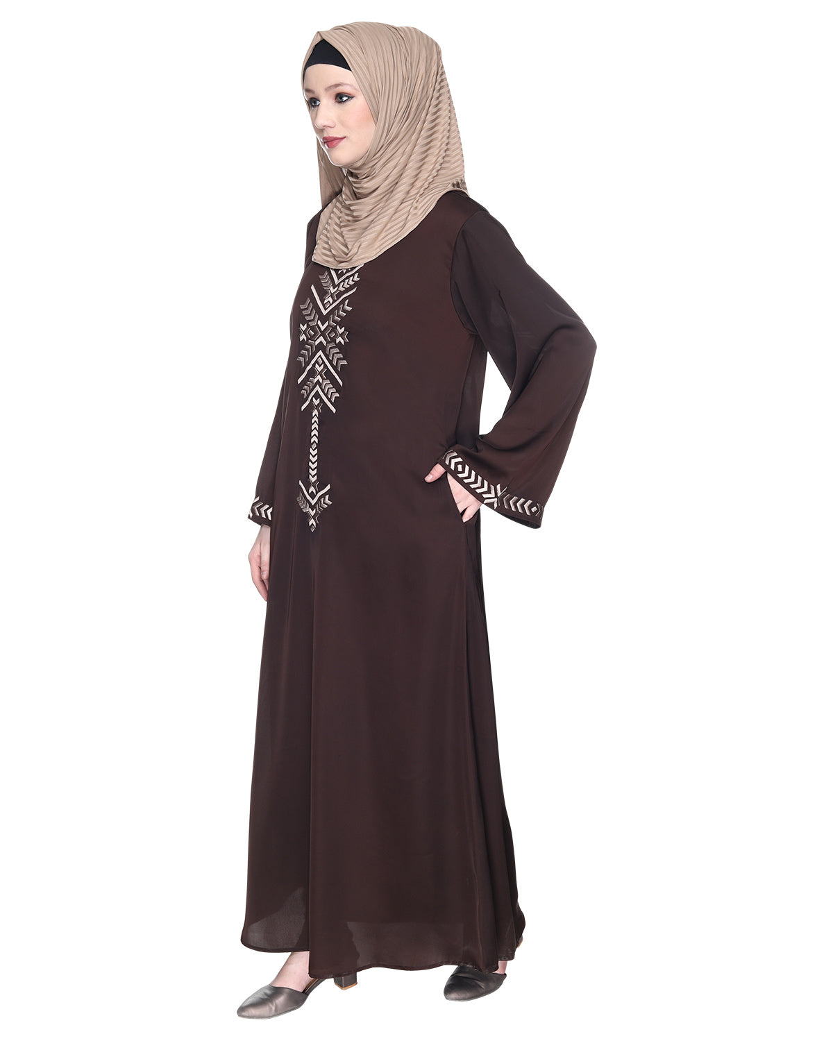 Front Closed Abaya With Angular Embroidery Design Dark Brown
