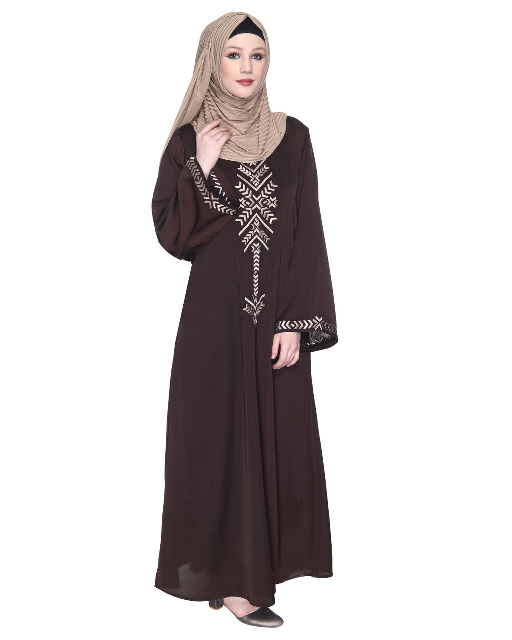 Front Closed Abaya With Angular Embroidery Design Dark Brown