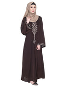Front Closed Abaya With Angular Embroidery Design Dark Brown