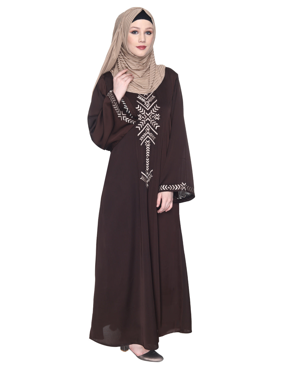 Front Closed Abaya With Angular Embroidery Design Dark Brown