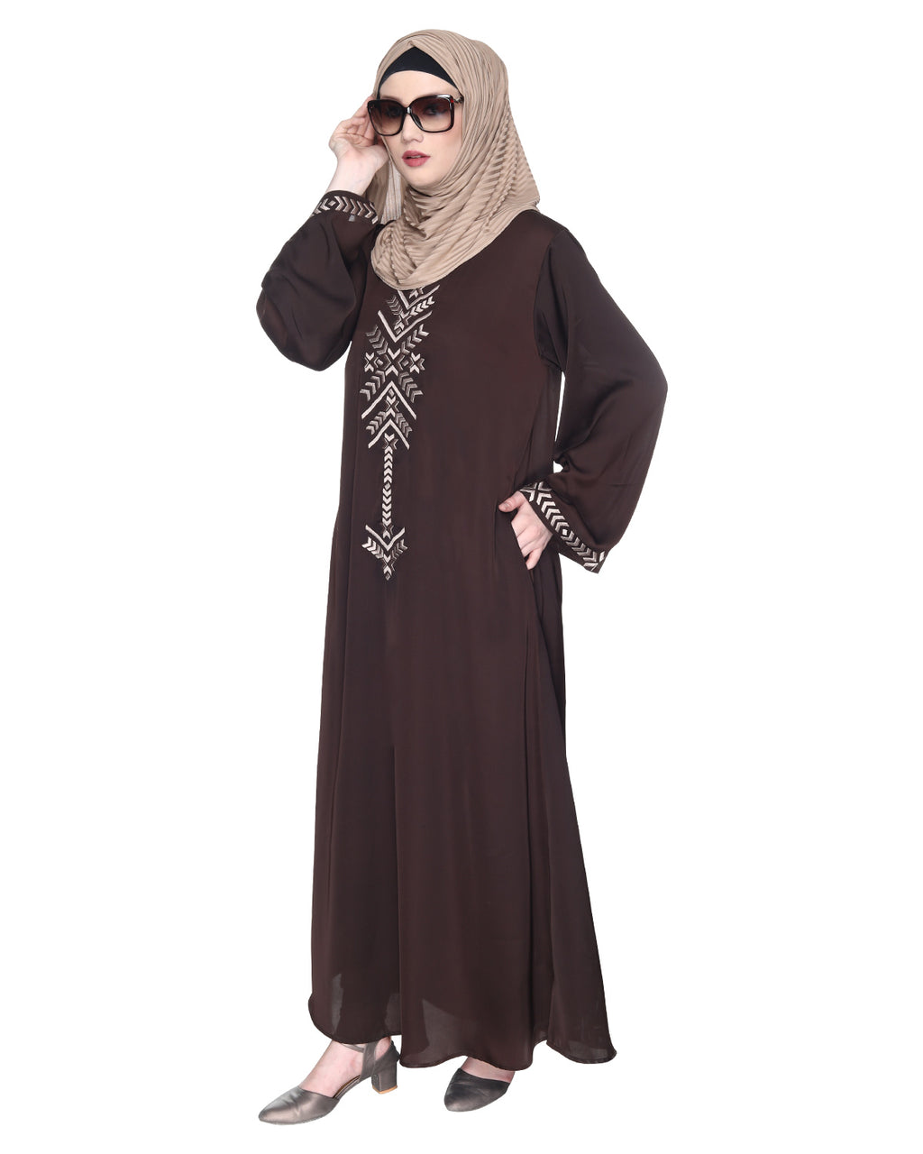 Front Closed Abaya With Angular Embroidery Design Dark Brown