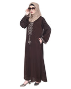 Front Closed Abaya With Angular Embroidery Design Dark Brown