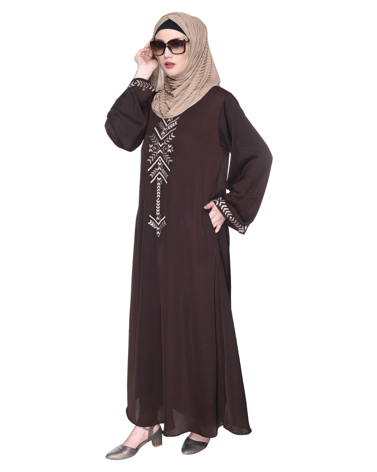 Front Closed Abaya With Angular Embroidery Design Dark Brown