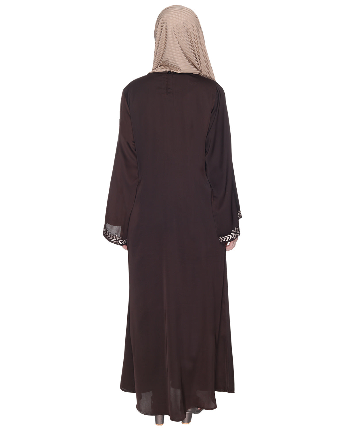 Front Closed Abaya With Angular Embroidery Design Dark Brown