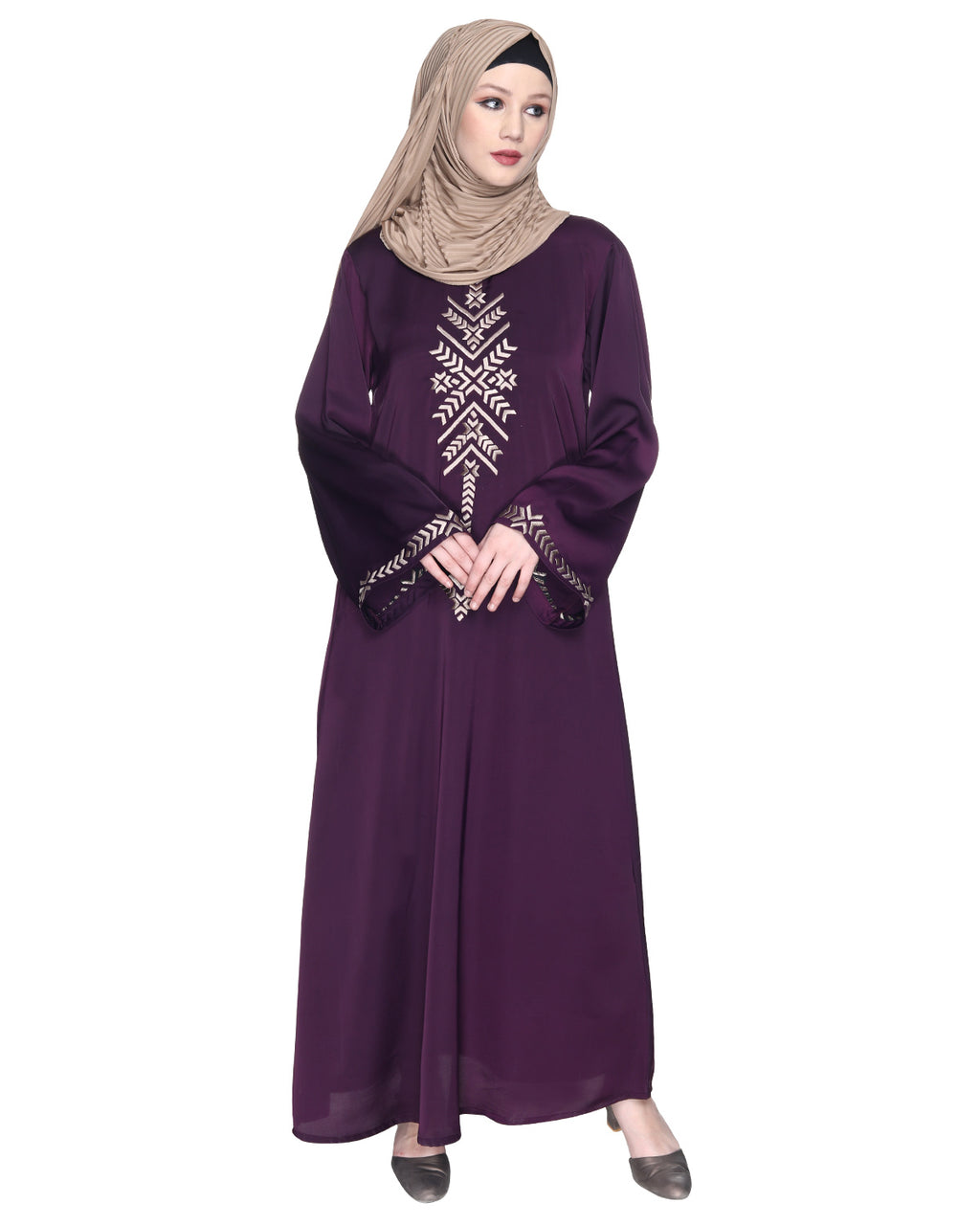 Front Closed Abaya With Angular Embroidery Design Purple