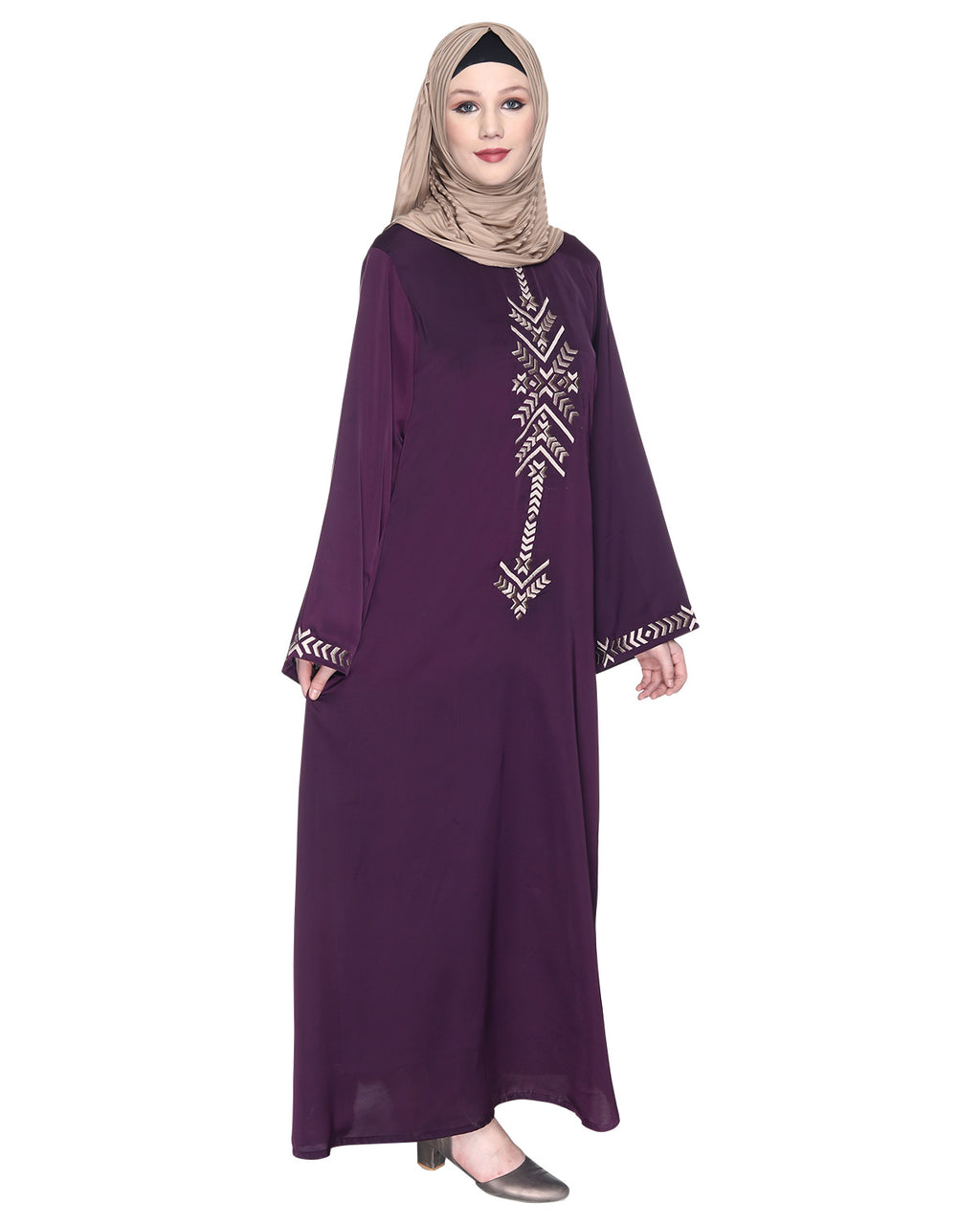 Front Closed Abaya With Angular Embroidery Design Purple