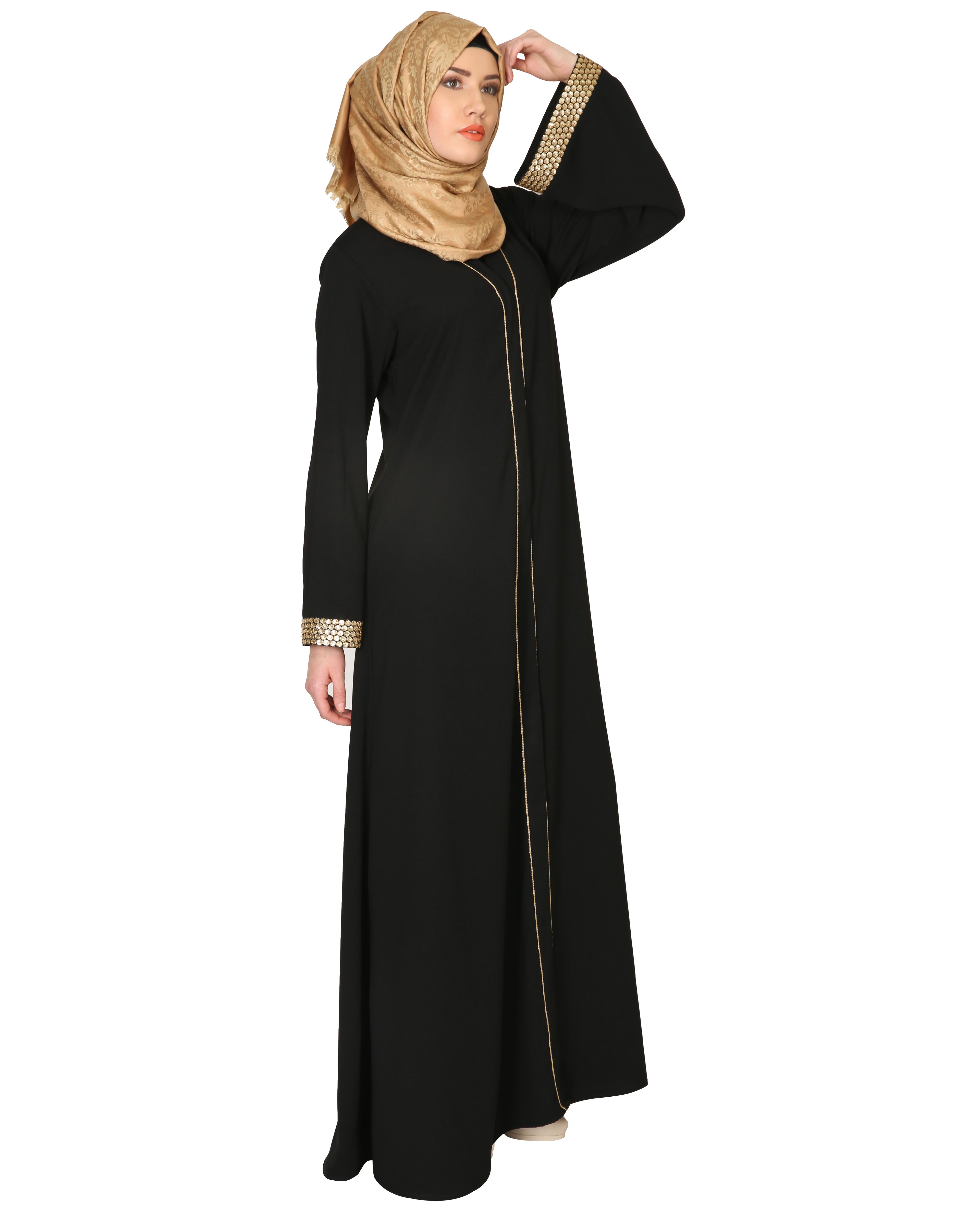 Black Abaya With Gold Sequins Trimming Black