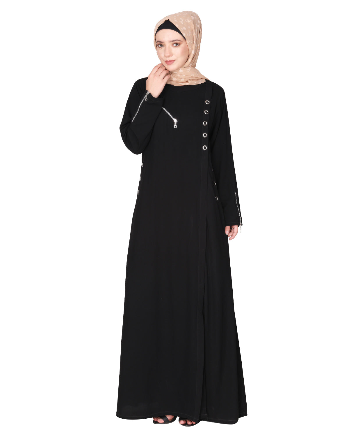 Youthful Riveted formal front open Abaya Black