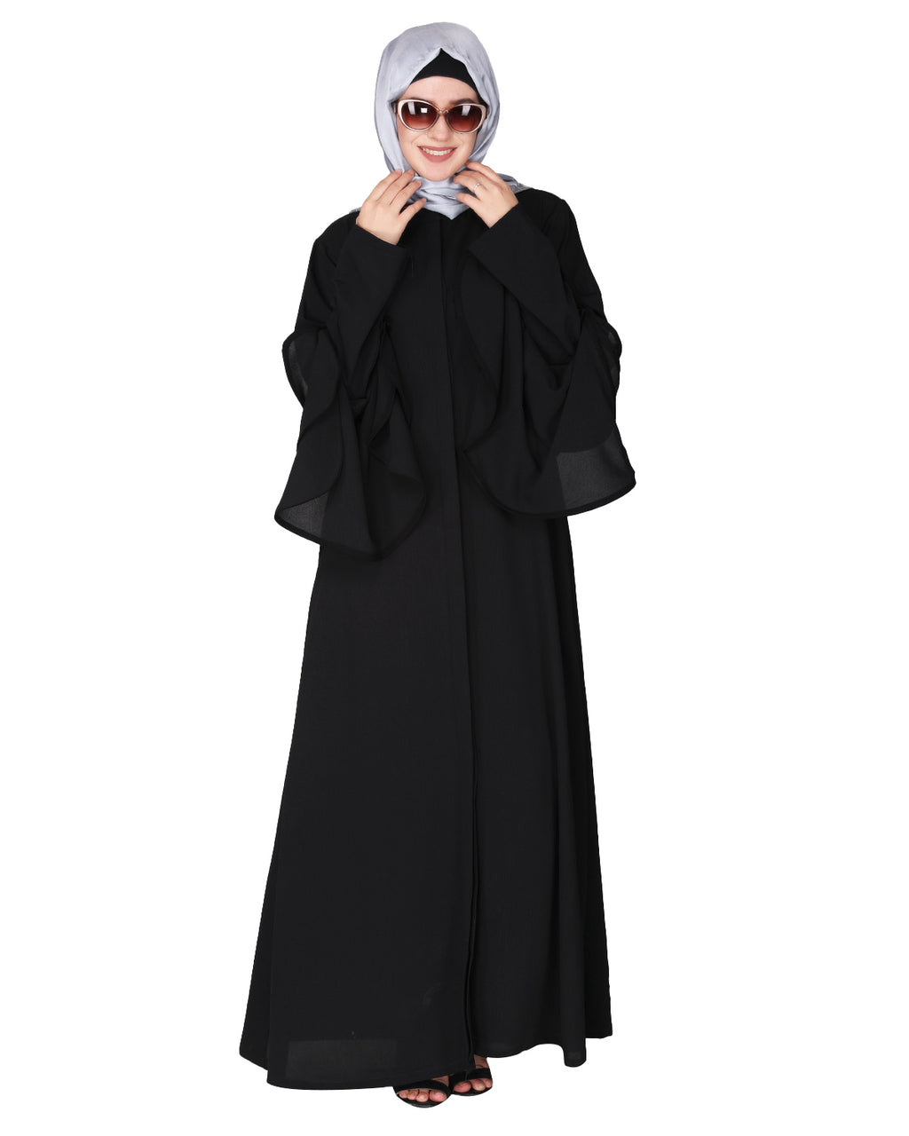 Stylish frill sleeves front open Abaya Black