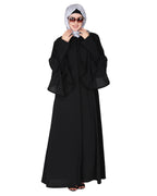 Stylish frill sleeves front open Abaya Black