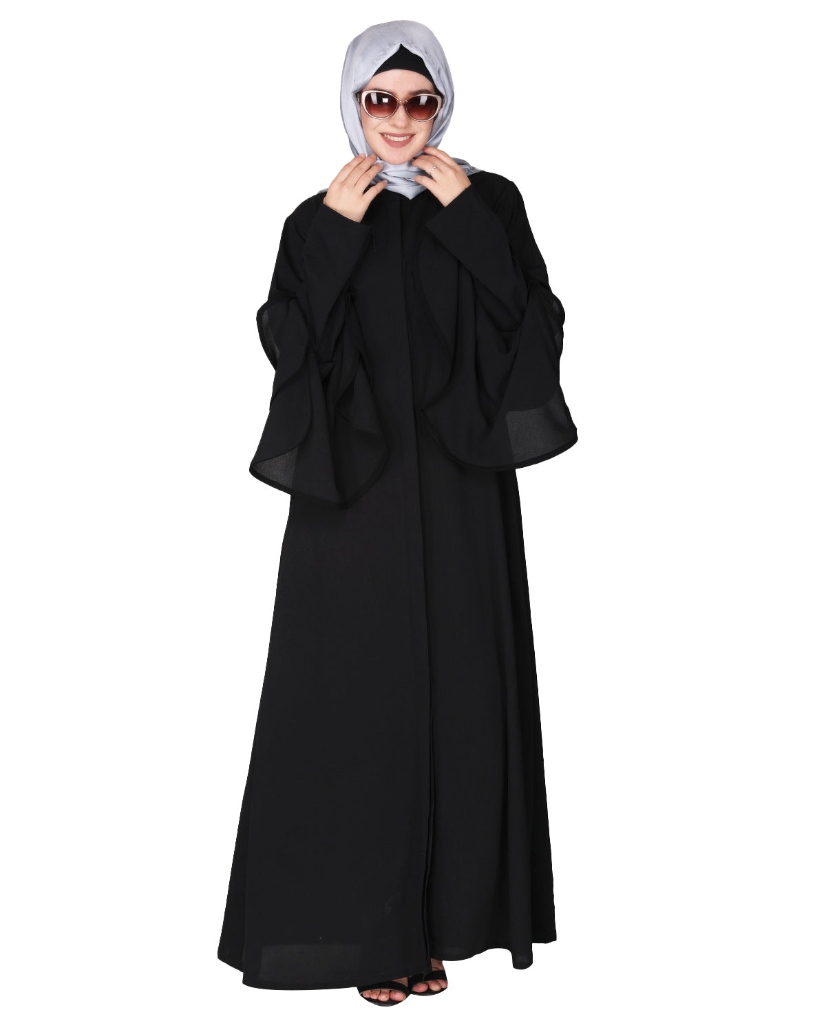 Stylish frill sleeves front open Abaya Black