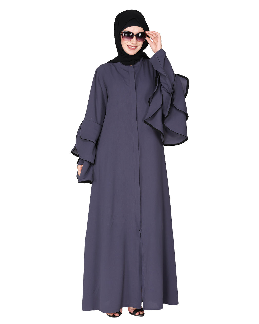 Stylish frill sleeves front open Abaya Dark Grey
