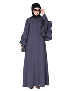 Stylish frill sleeves front open Abaya Dark Grey