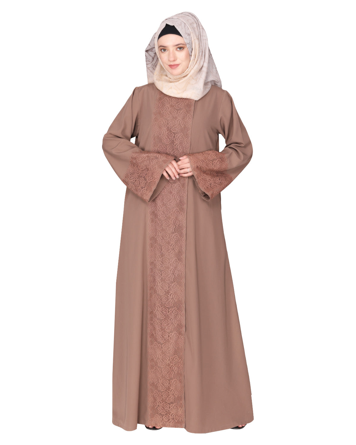 Eloquent formal widelaced front open Abaya Brown