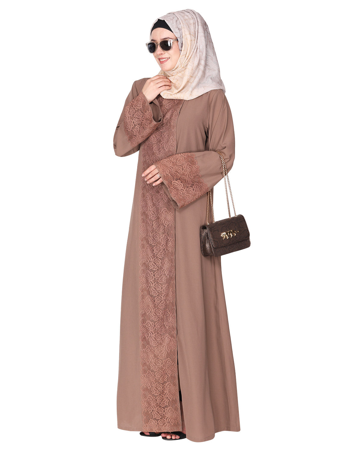 Eloquent formal widelaced front open Abaya Brown