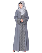 Eloquent formal widelaced front open Abaya Grey