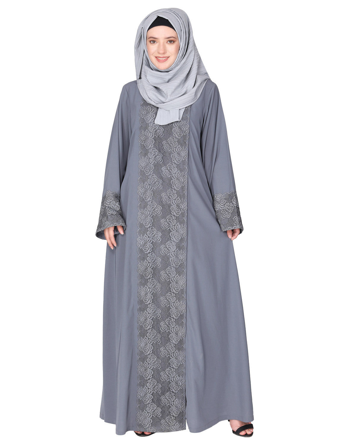 Eloquent formal widelaced front open Abaya Grey