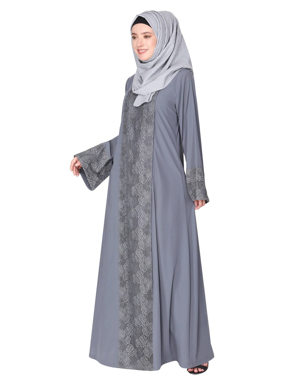 Eloquent formal widelaced front open Abaya Grey
