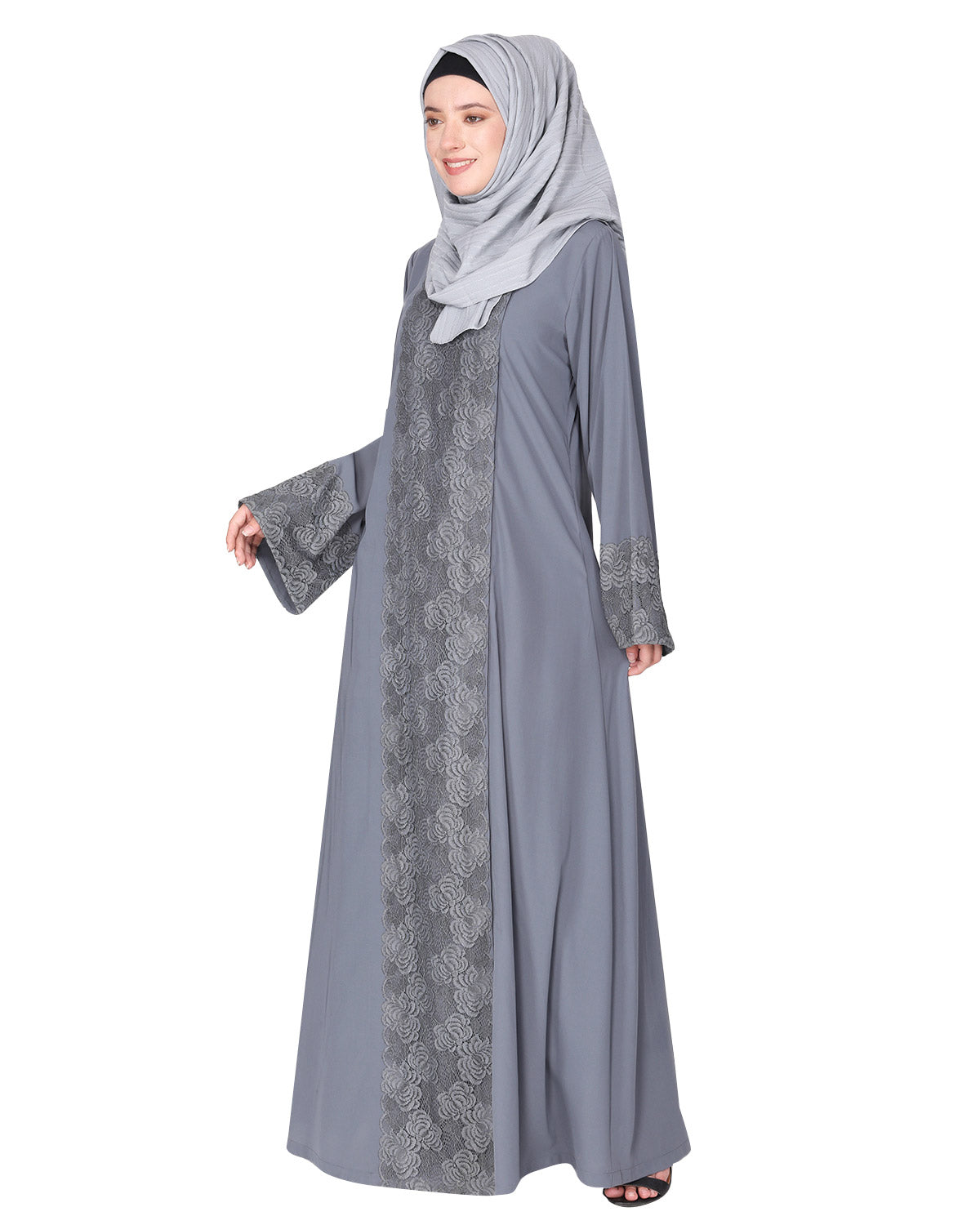 Eloquent formal widelaced front open Abaya Grey