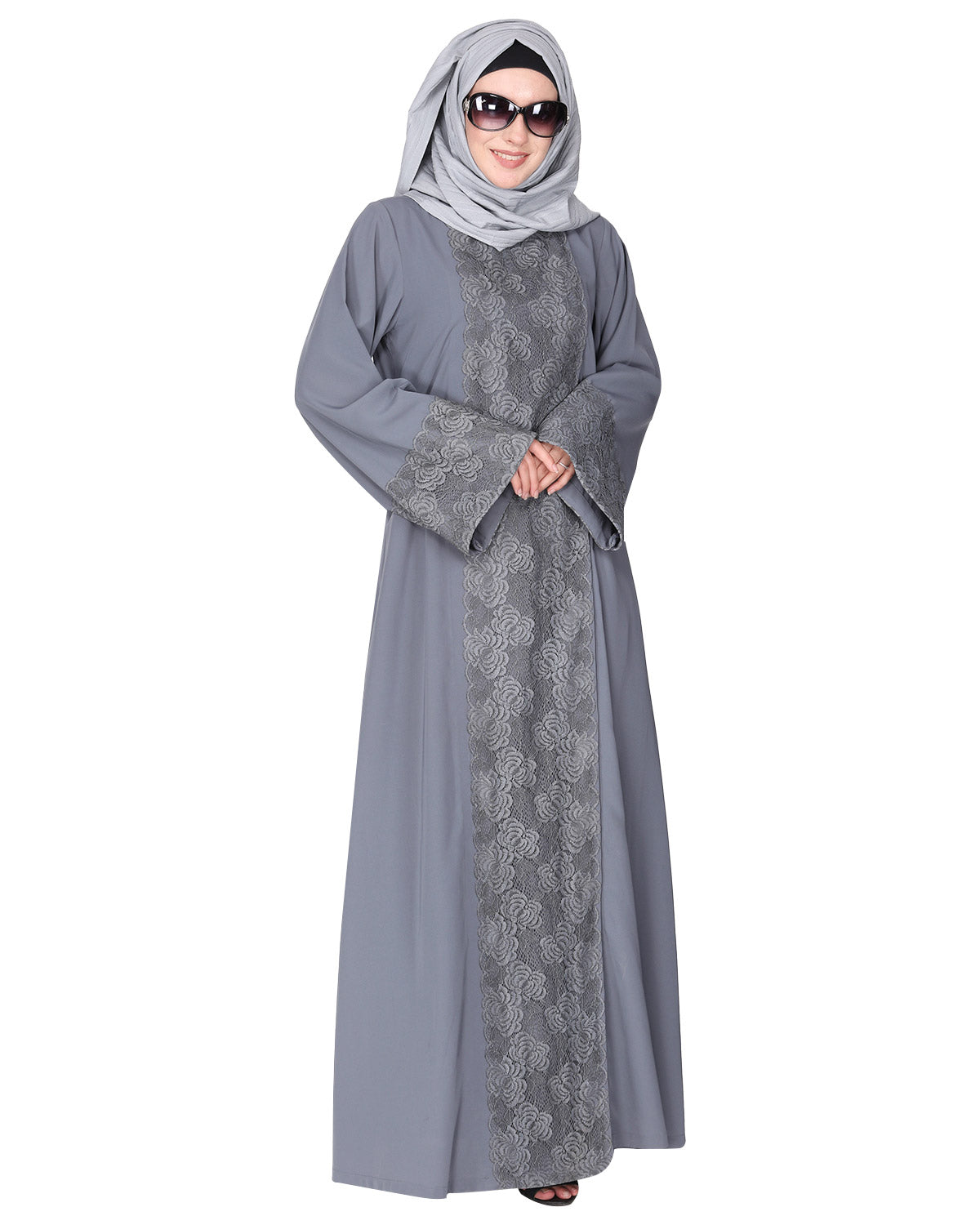 Eloquent formal widelaced front open Abaya Grey