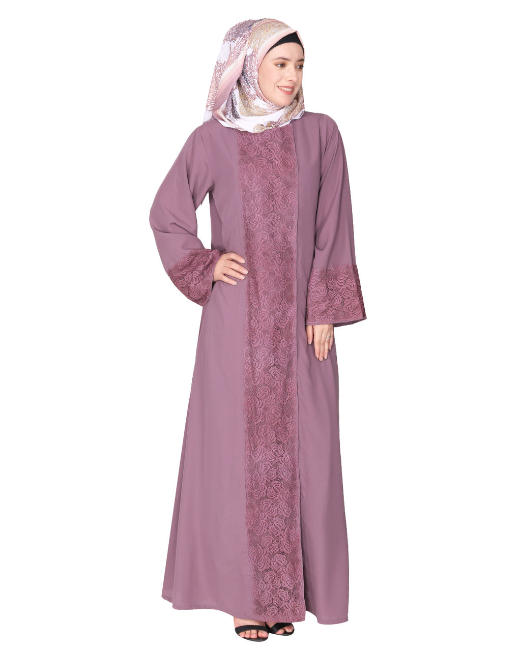 Eloquent formal widelaced front open Abaya Light Purple