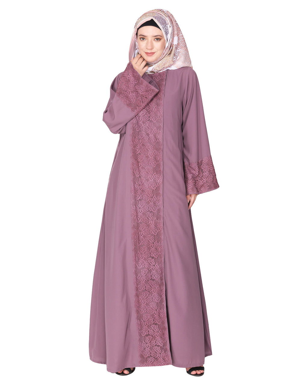 Eloquent formal widelaced front open Abaya Light Purple