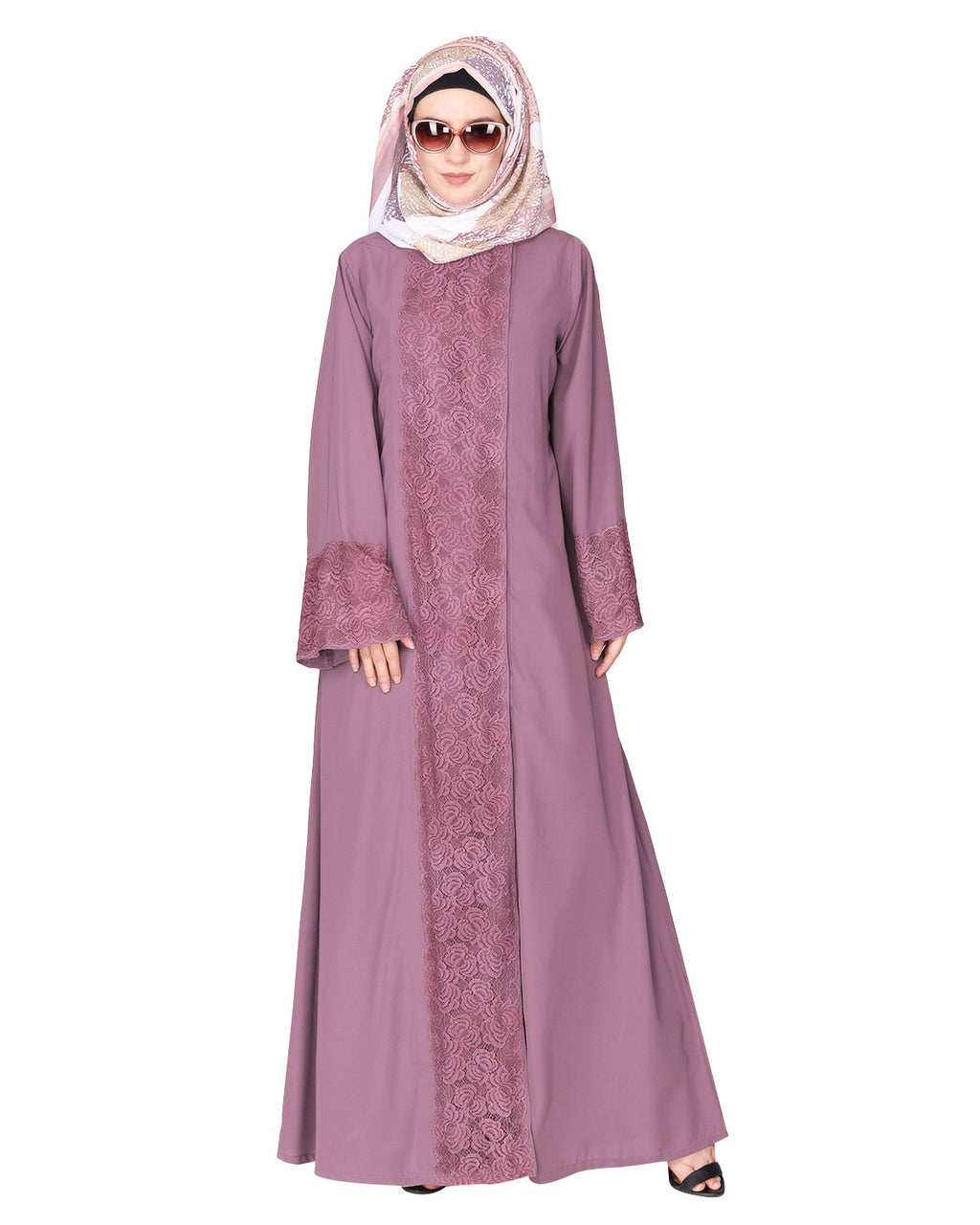 Eloquent formal widelaced front open Abaya Light Purple