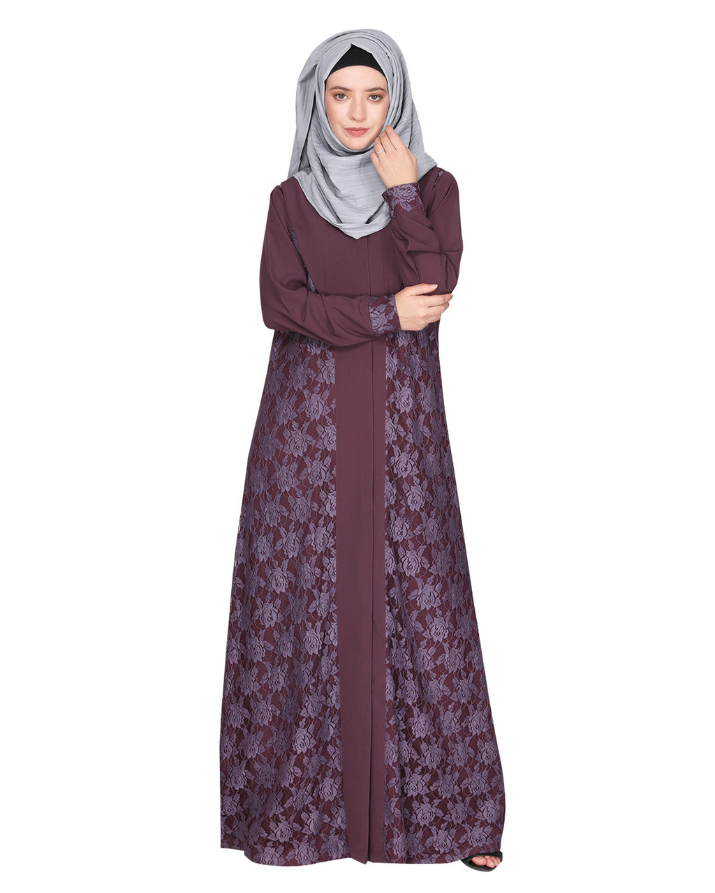 Fascinating Lacedup evening wear Abaya Purple