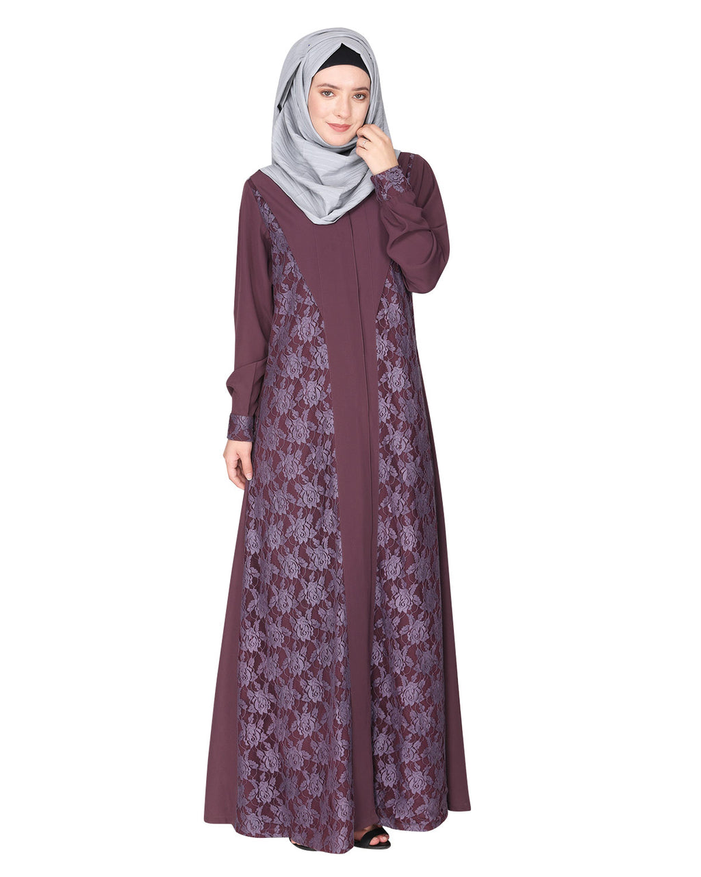 Fascinating Lacedup evening wear Abaya Purple