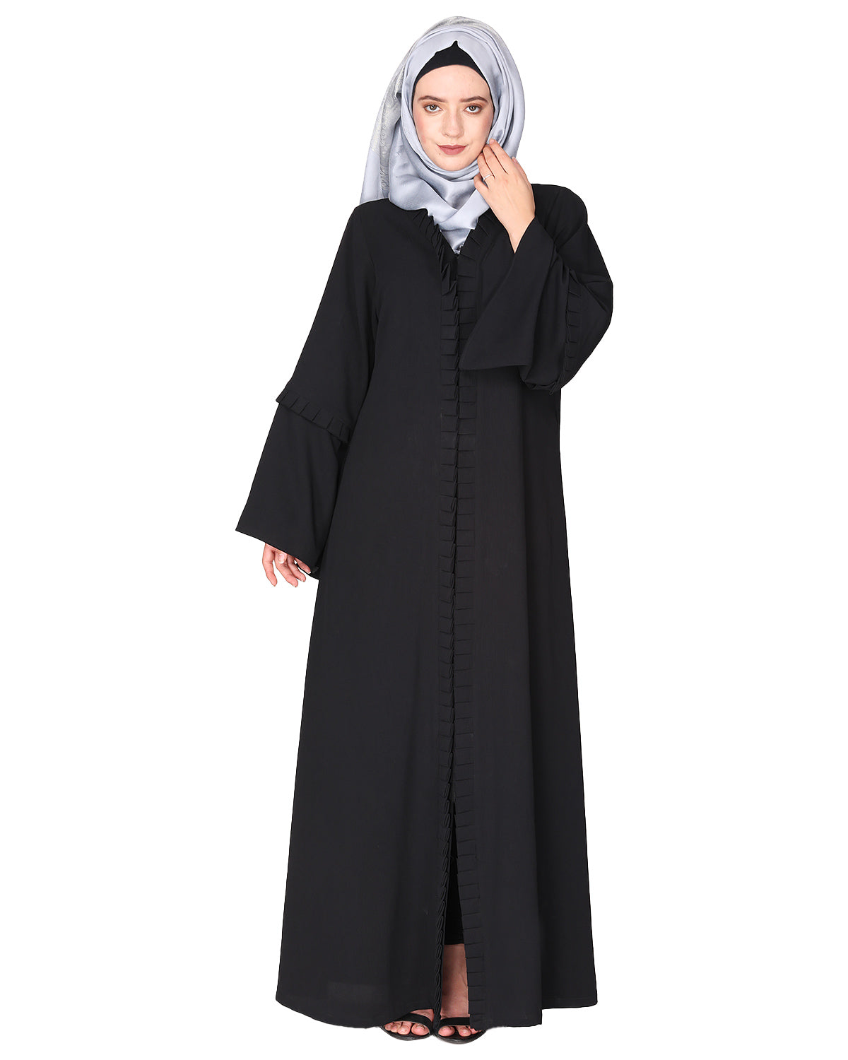 Modish pleated black abaya with conventional bell sleeves Black