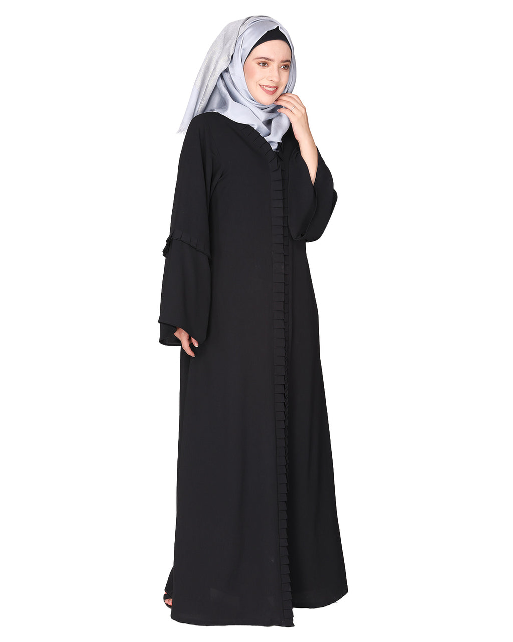 Modish pleated black abaya with conventional bell sleeves Black