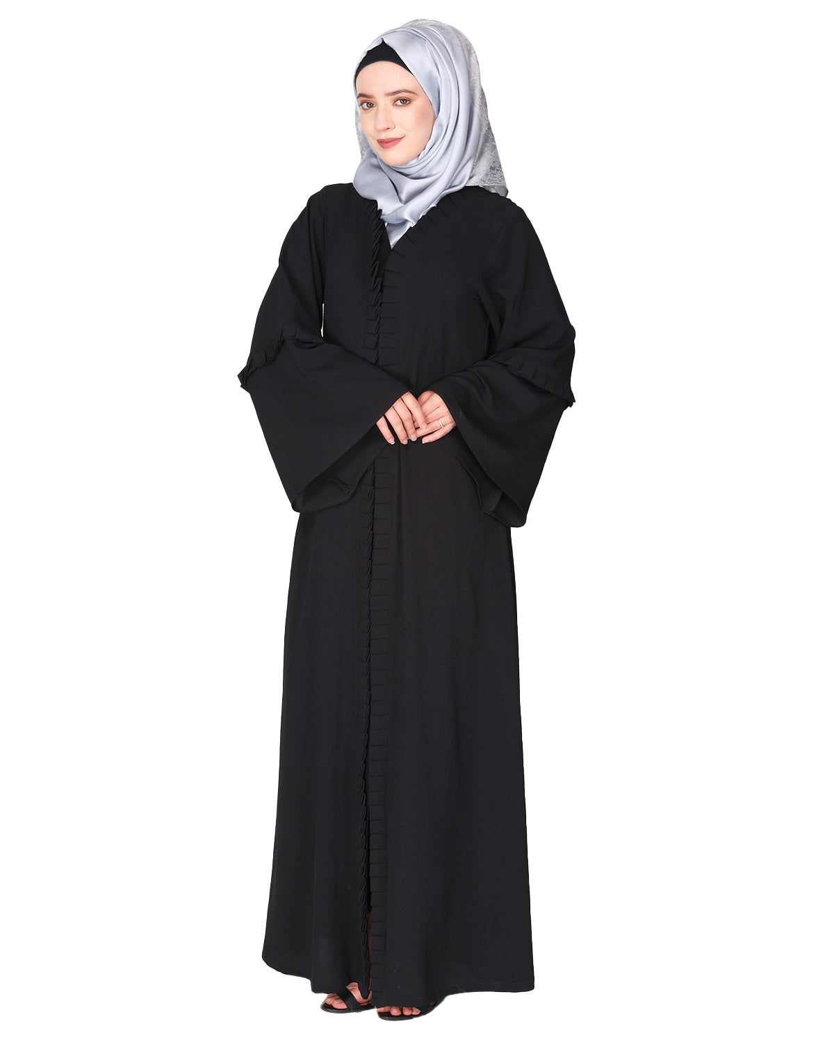 Modish pleated black abaya with conventional bell sleeves Black