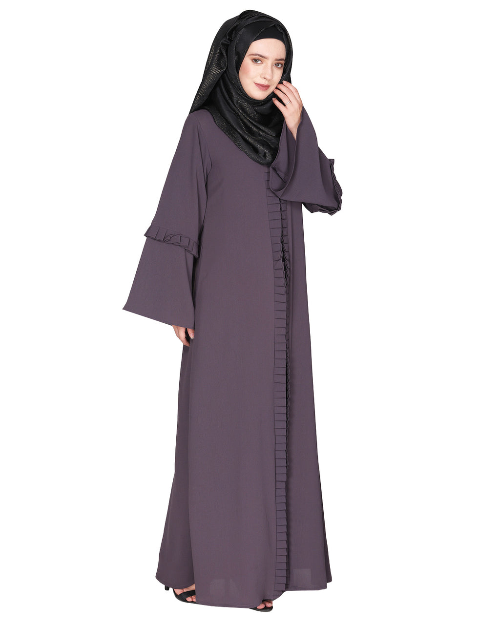 Modish pleated black abaya with conventional bell sleeves Dark Grey