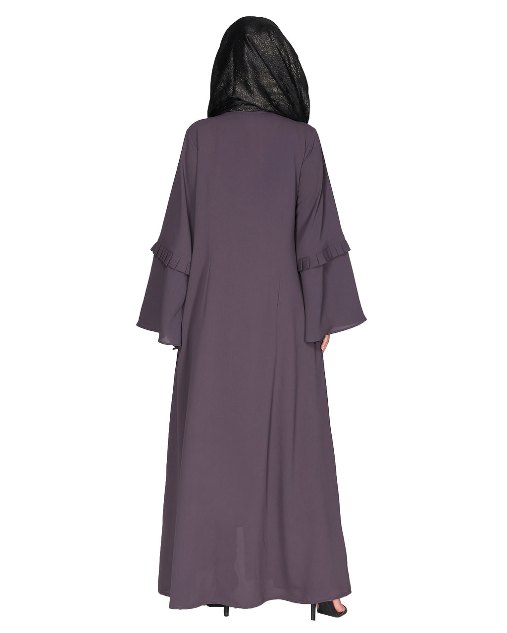 Modish pleated black abaya with conventional bell sleeves Dark Grey