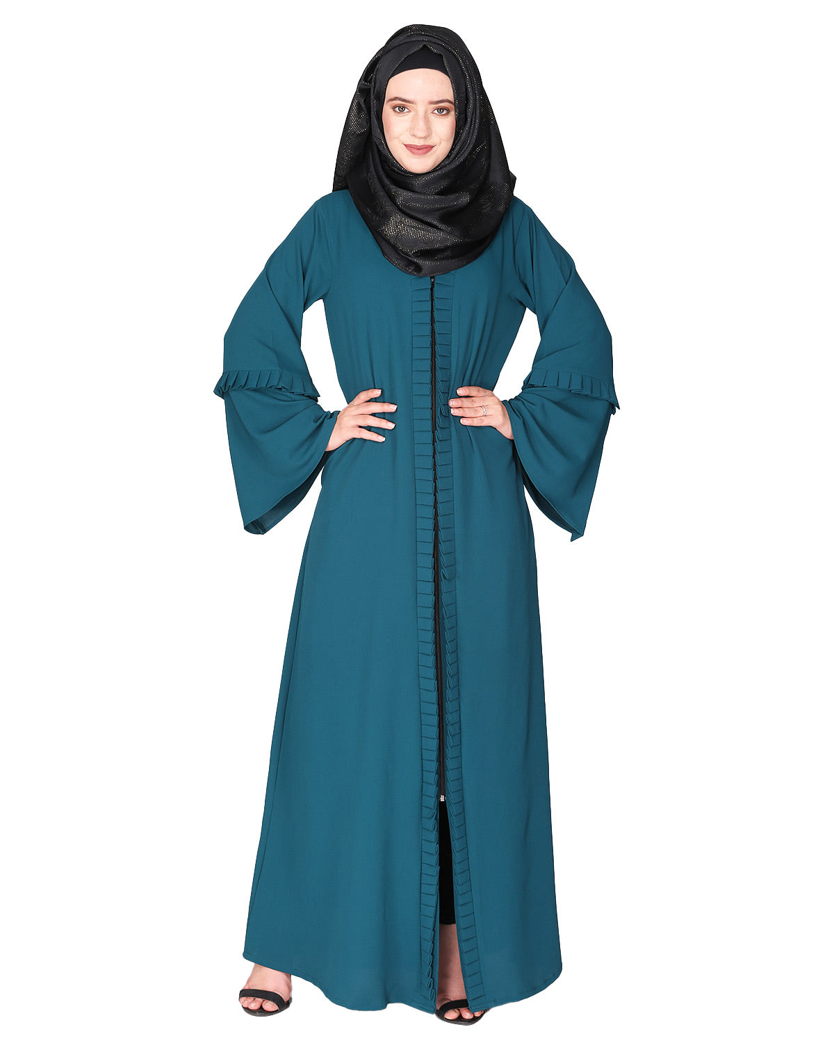 Modish pleated black abaya with conventional bell sleeves Green