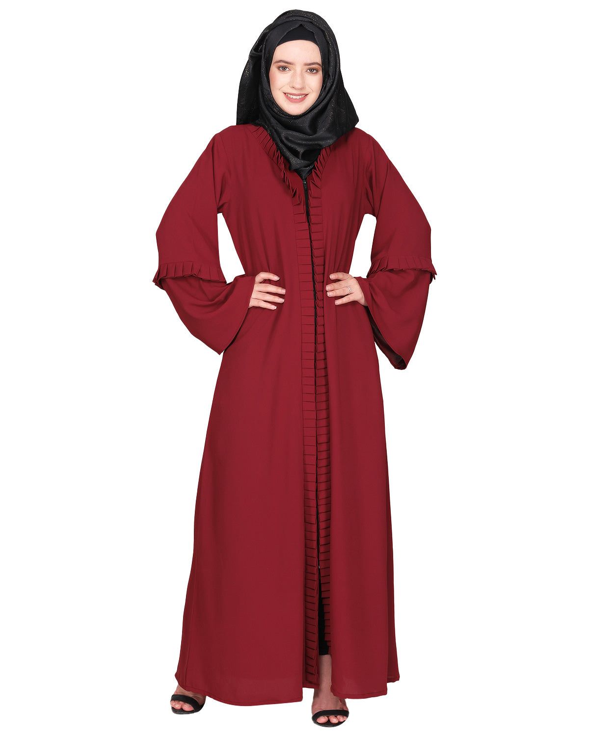 Modish pleated black abaya with conventional bell sleeves Maroon